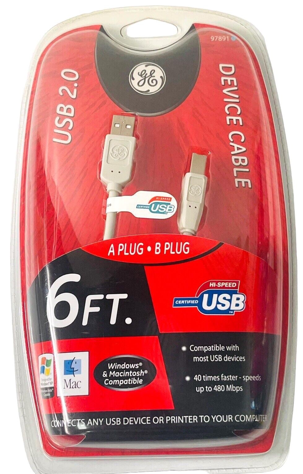 *GE USB 2.0 DEVICE CABLE 6 Ft, Windows & Macintosh Compatible HO97891 NEW-SEALED