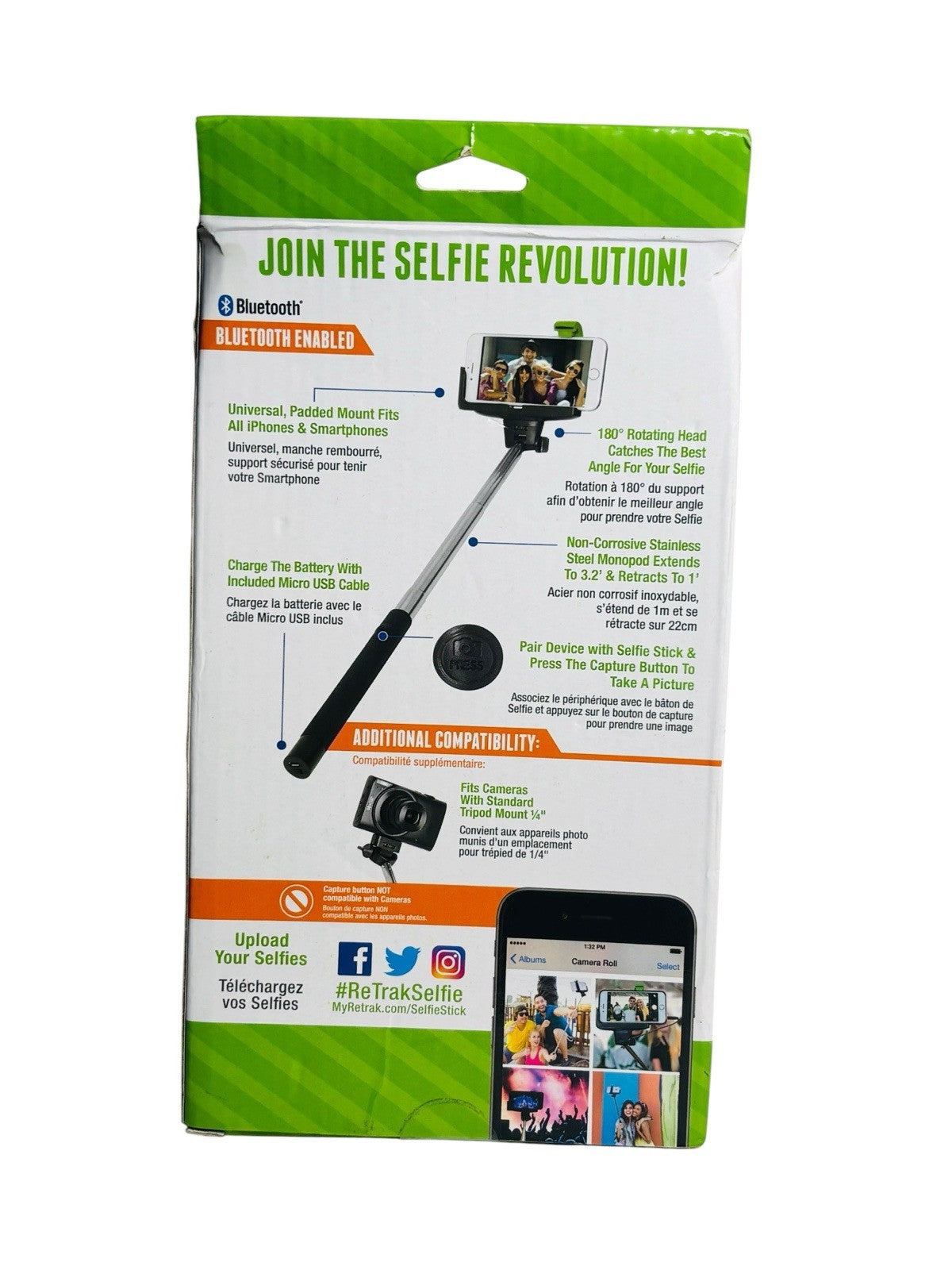ReTrak The Original Selfie Stick, Wireless Control Bluetooth New Unused