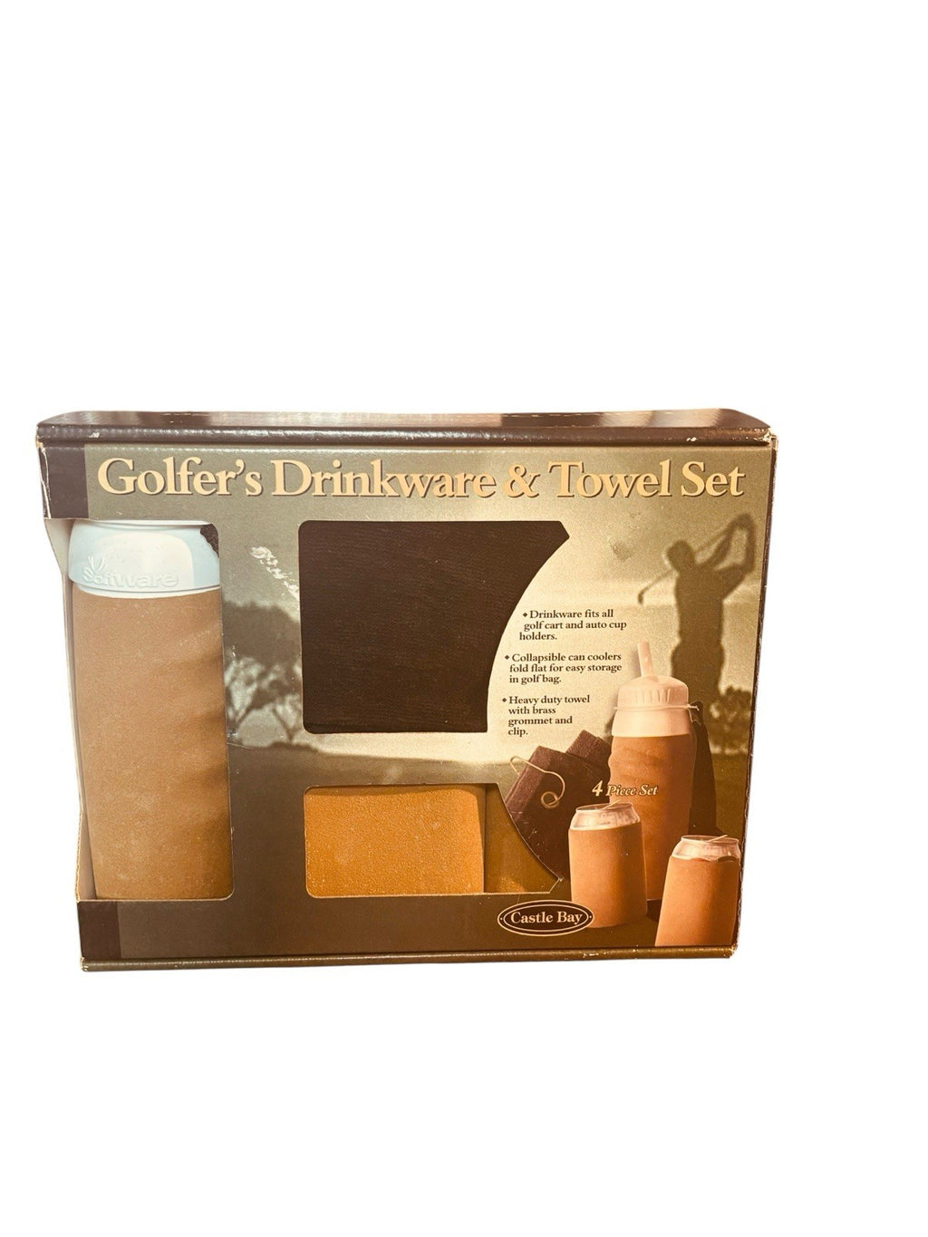 GOLFERS Drinkware & Towel Set, by Castle Bay 4-Piece Set, BRAND NEW.