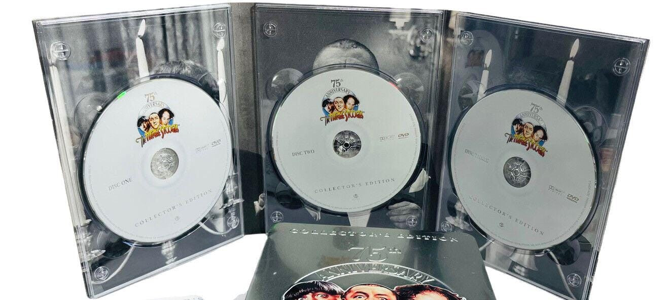 *THE THREE STOOGES COLLECTOR DVD SET with BIO BOOK & PHOTOS, 75th ANNIVERSARY