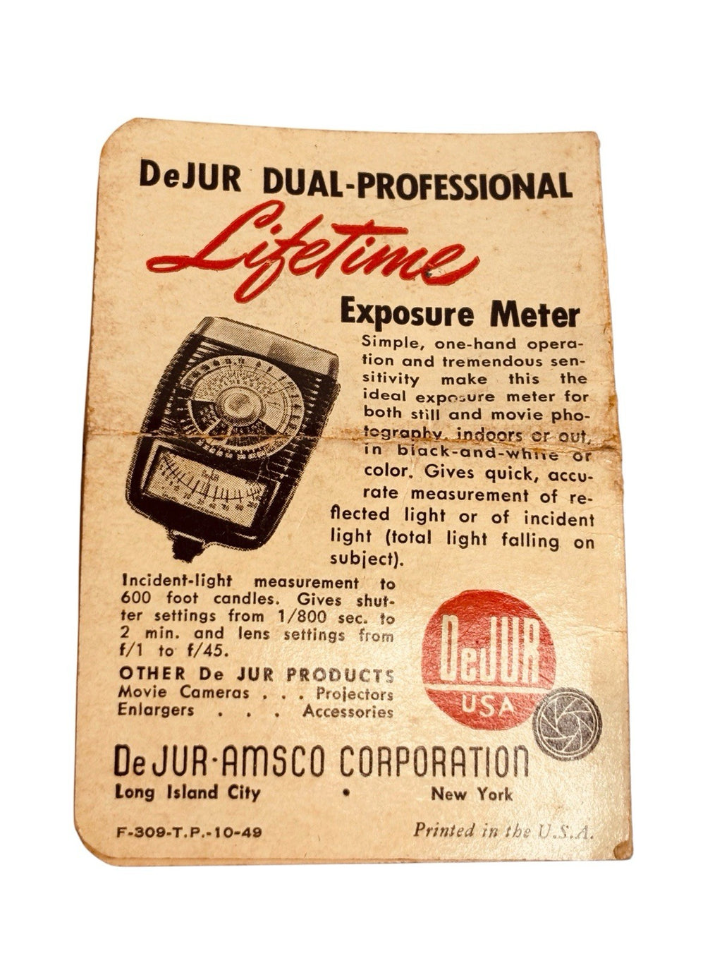 DECO LIGHT METER, ART DUAL PROFESSIONAL, ORIGINAL CASE & MANUAL~ VINTAGE