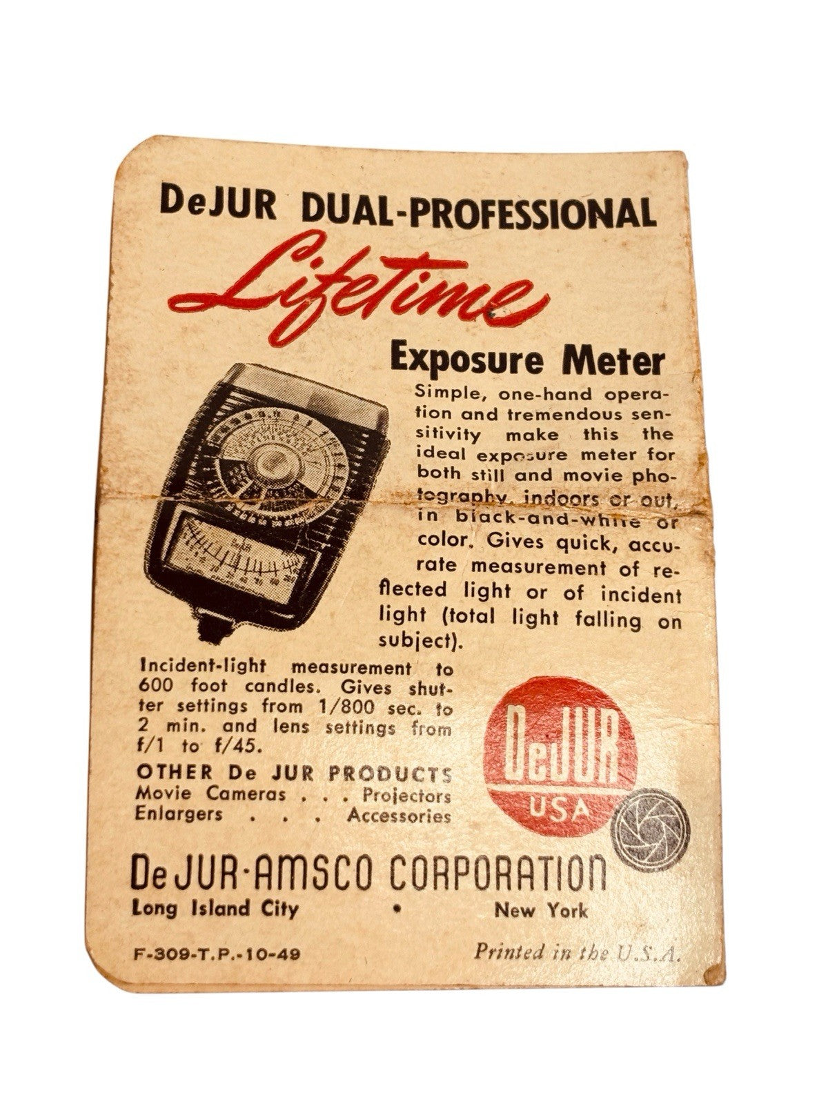 DECO LIGHT METER, ART DUAL PROFESSIONAL, ORIGINAL CASE & MANUAL~ VINTAGE