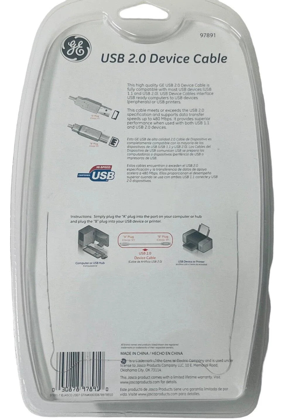 *GE USB 2.0 DEVICE CABLE 6 Ft, Windows & Macintosh Compatible HO97891 NEW-SEALED
