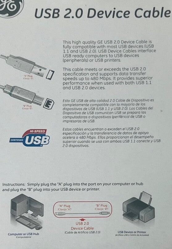 *GE USB 2.0 DEVICE CABLE 6 Ft, Windows & Macintosh Compatible HO97891 NEW-SEALED