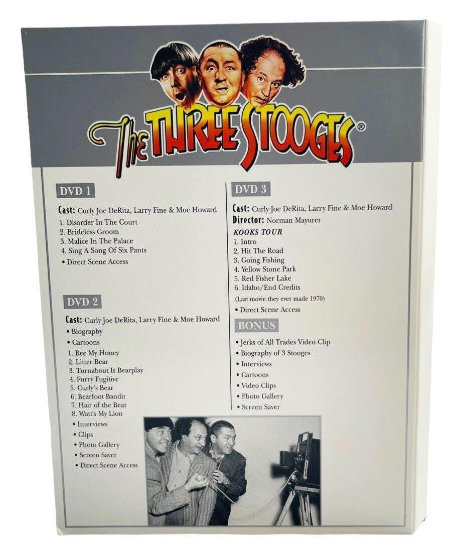 *THE THREE STOOGES COLLECTOR DVD SET with BIO BOOK & PHOTOS, 75th ANNIVERSARY