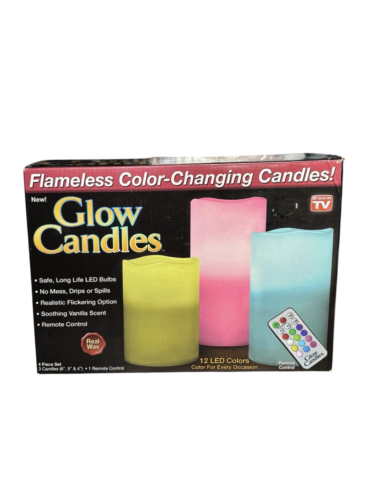 GLOW CANDLES Flameless Color-Changing Real Wax 12 LED Colors 3 Candles + Remote