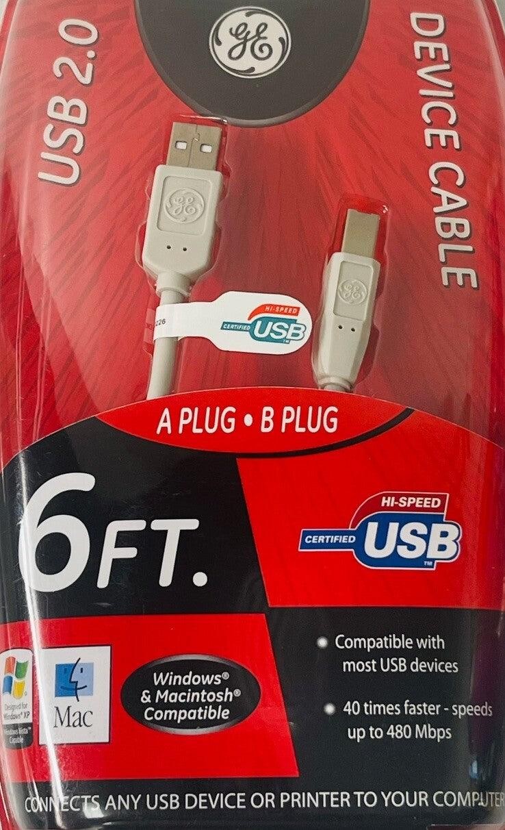 *GE USB 2.0 DEVICE CABLE 6 Ft, Windows & Macintosh Compatible HO97891 NEW-SEALED