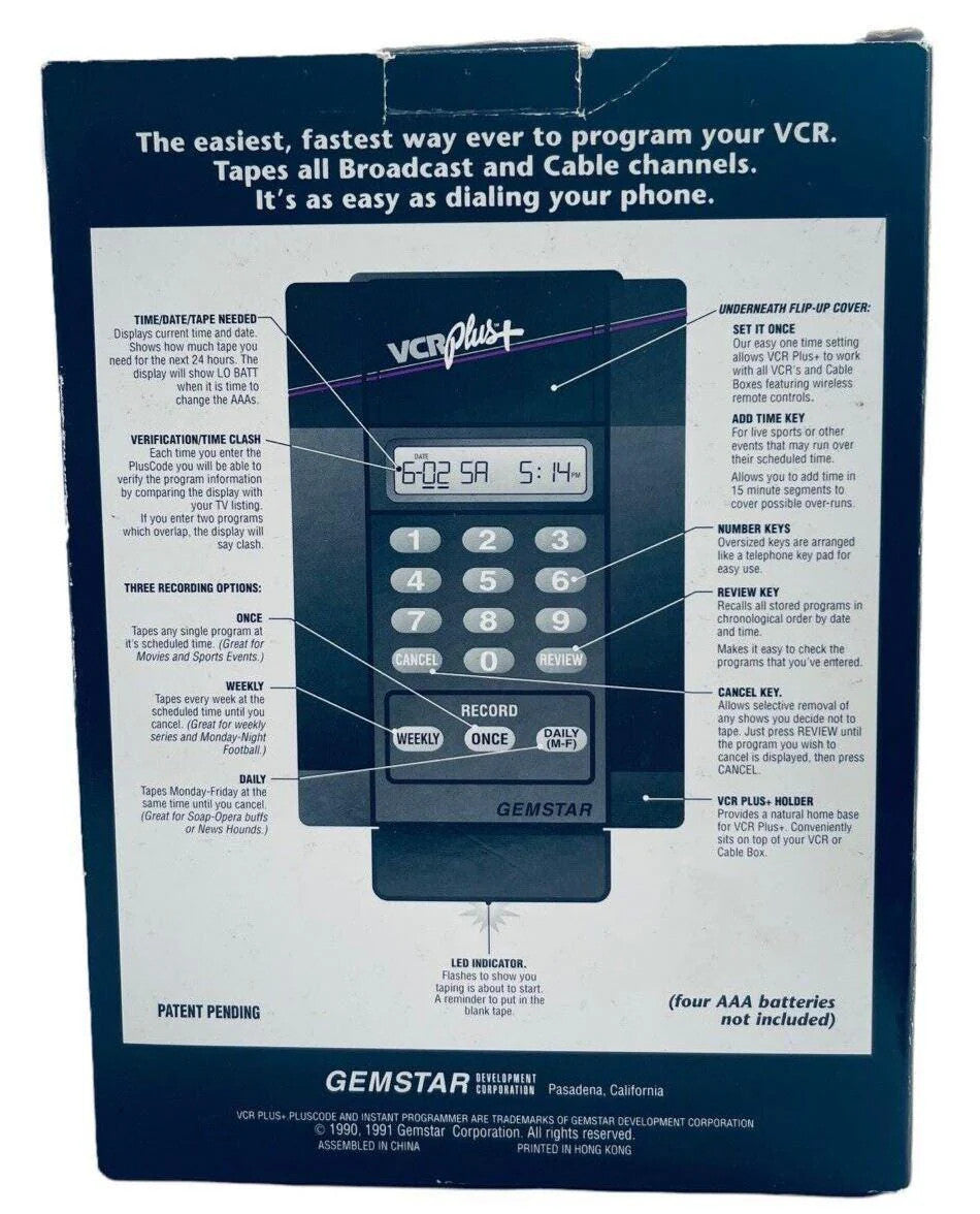 VCR Plus+ Instant Programmer - 1991 Gemstar VINTAGE