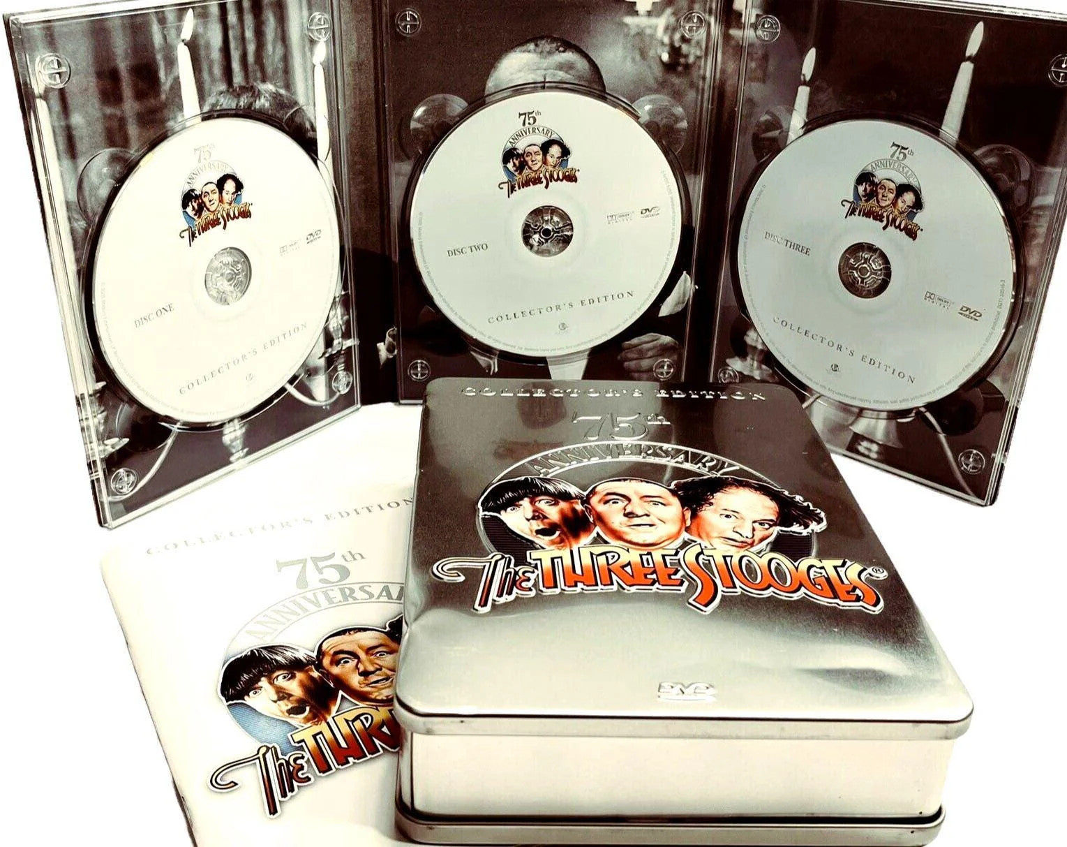 *THE THREE STOOGES COLLECTOR DVD SET with BIO BOOK & PHOTOS, 75th ANNIVERSARY