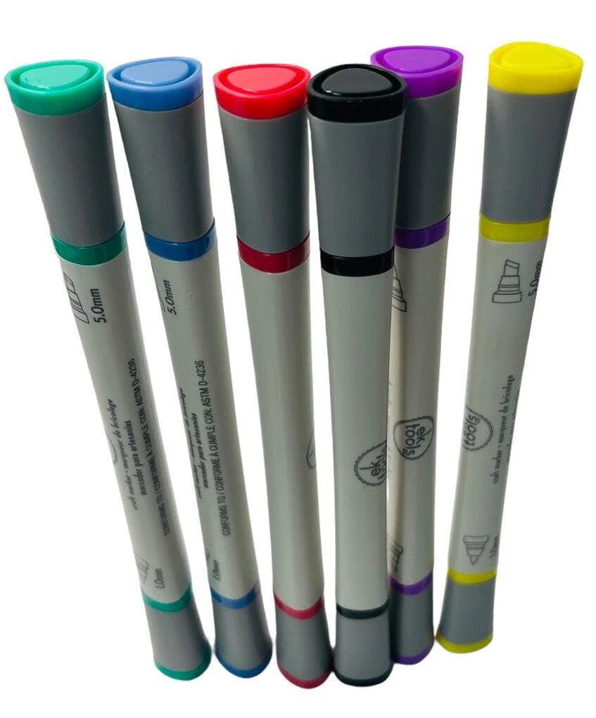 *ek CRAFT MARKERS 6-PACK ~ 2-MARKERS IN ONE 1.0mm/5mm w/6-COLOR PENCILS & BAG