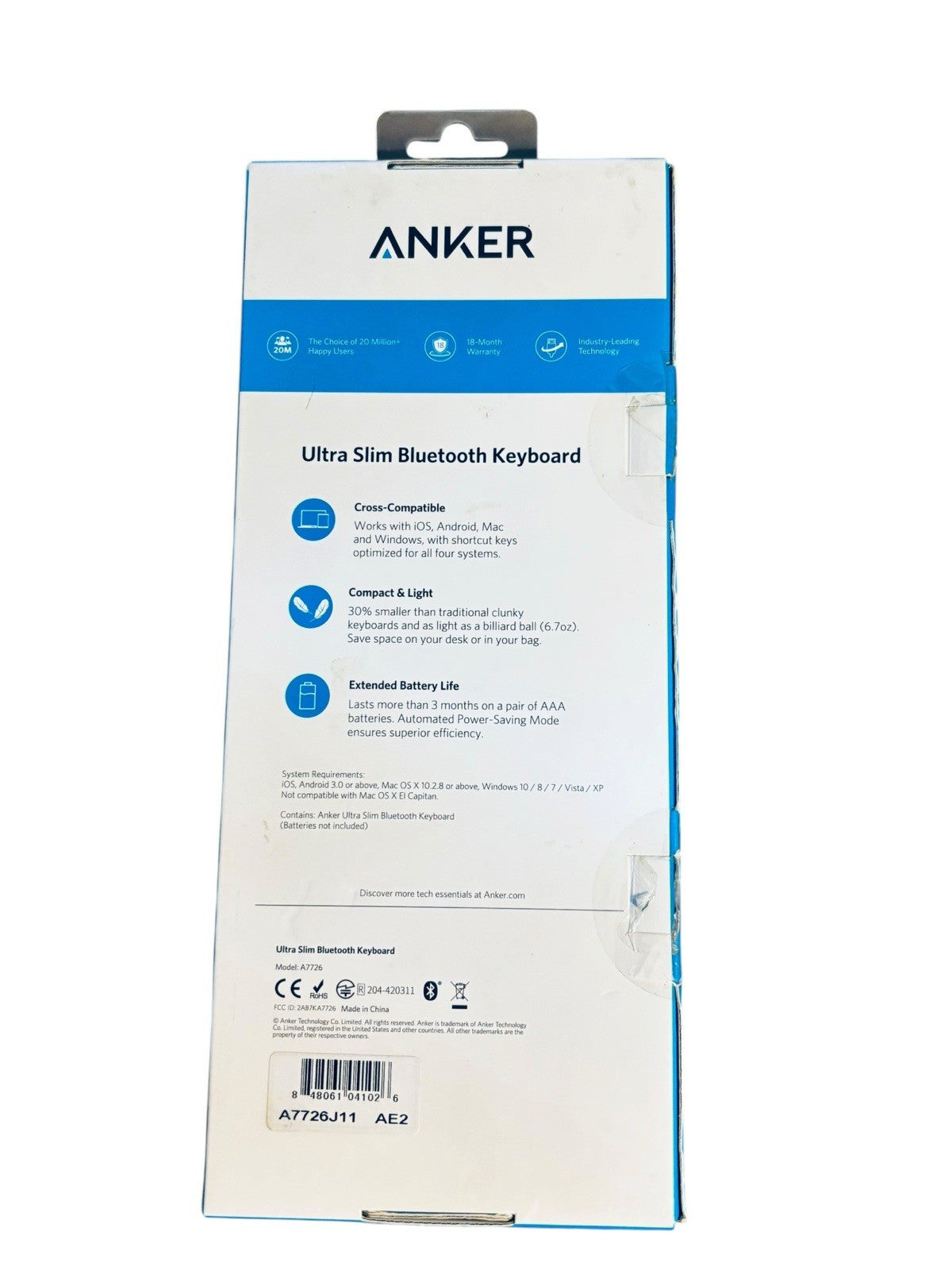 *Anker Bluetooth Keyboard Unisex Black Ultra Slim Compact Wireless Portable NEW