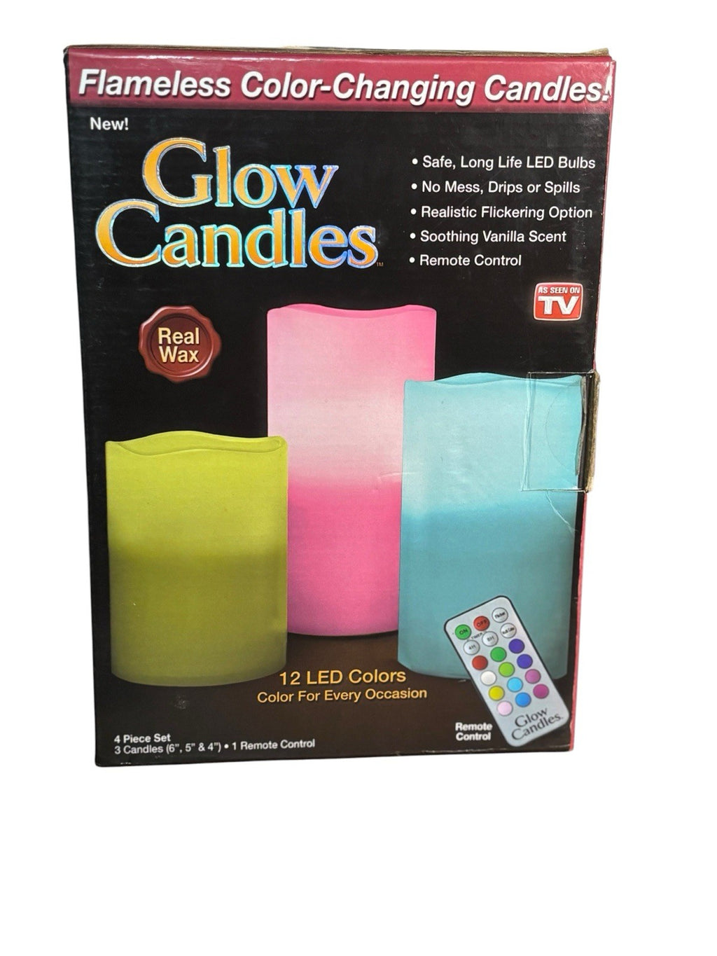 GLOW CANDLES Flameless Color-Changing Real Wax 12 LED Colors 3 Candles + Remote