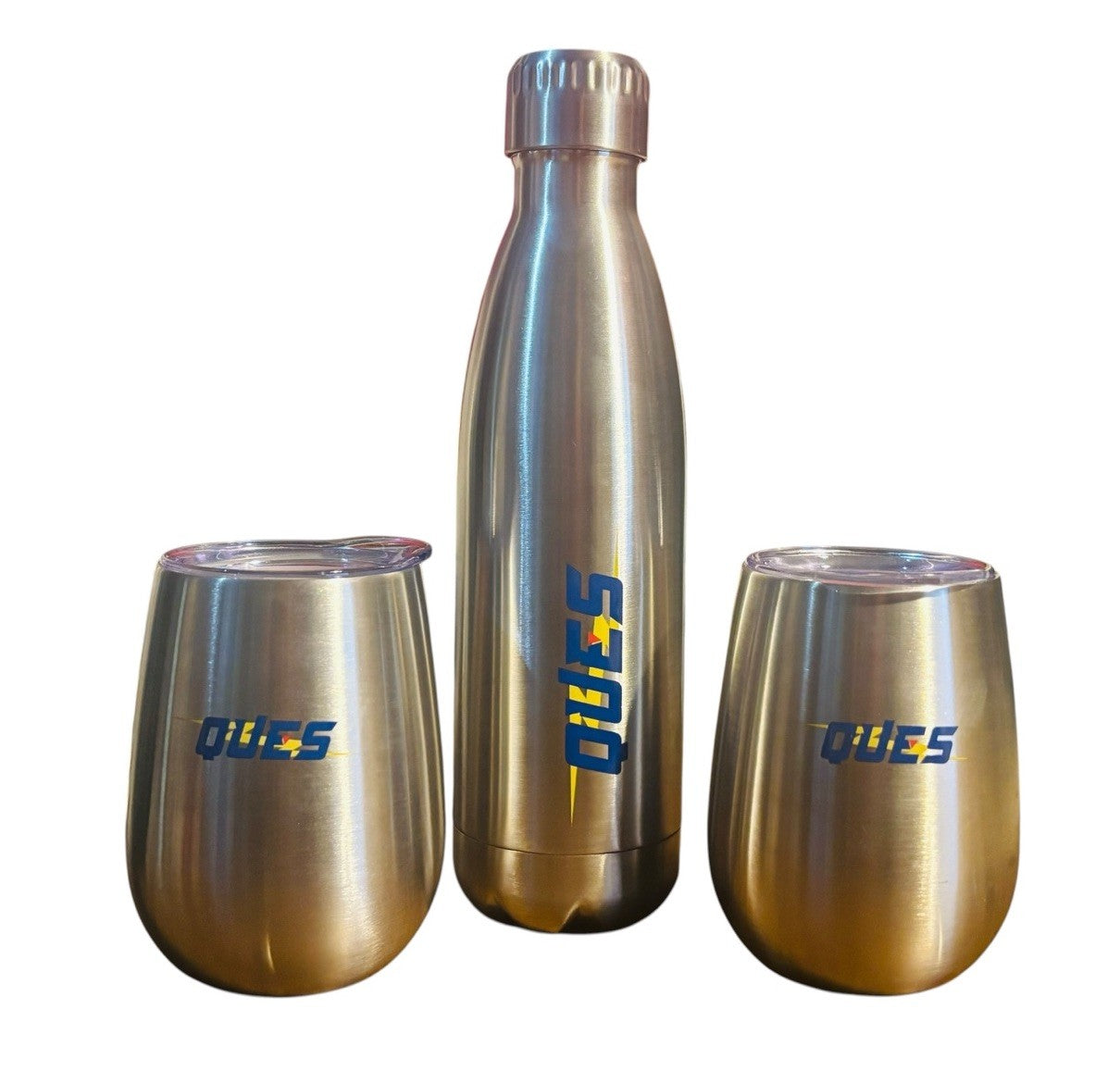 * Stainless Steel Vacuum 16oz Bottle with 2-10oz. Cups "QUES" Logo