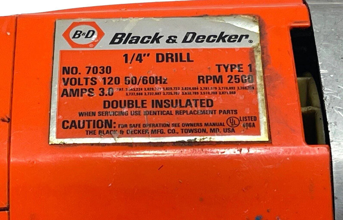 VINTAGE BLACK & DECKER 1/4'' DRILL 7030 w/ Key Corded Electric Drill 3 Amp.