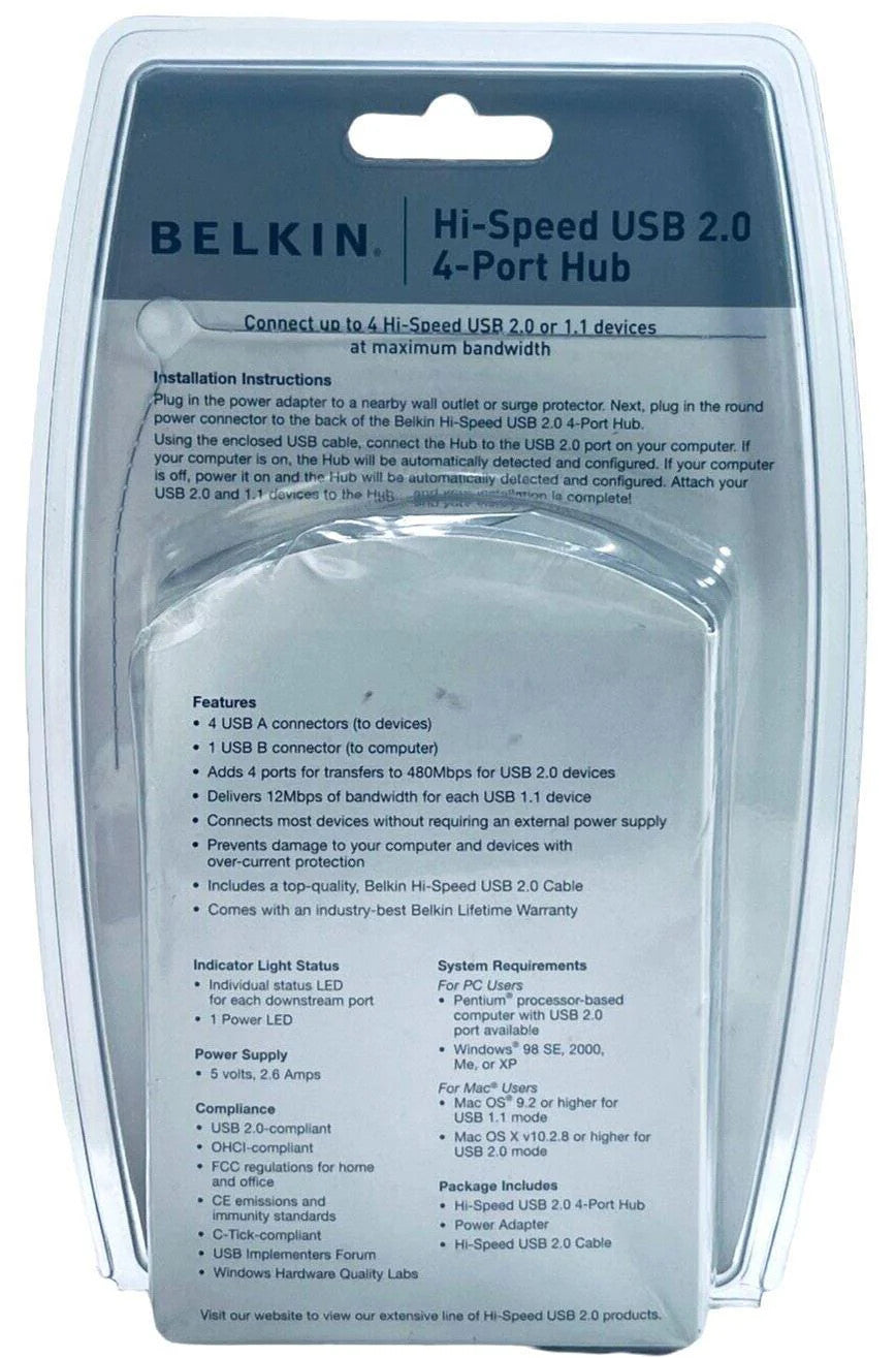 *USB 2.04 Port Hub High Speed F5U234V Compatible w/Windows 98 SE-2000 XP, Belkin