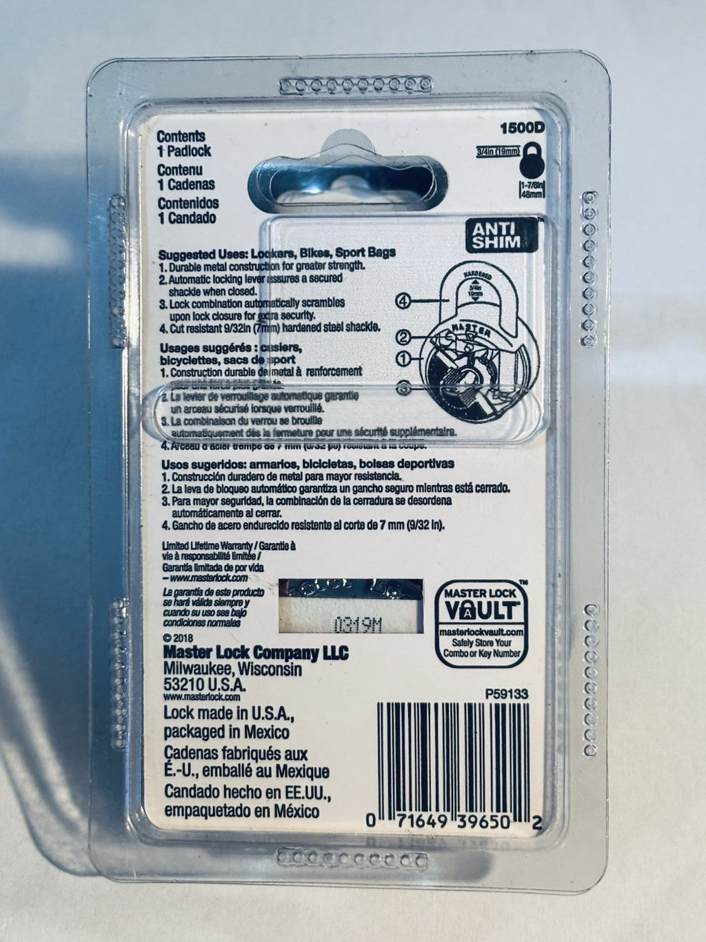 Master Lock 1500D Combination Padlock Steel 9/32" Shackle Indoor Outdoor 3/4"