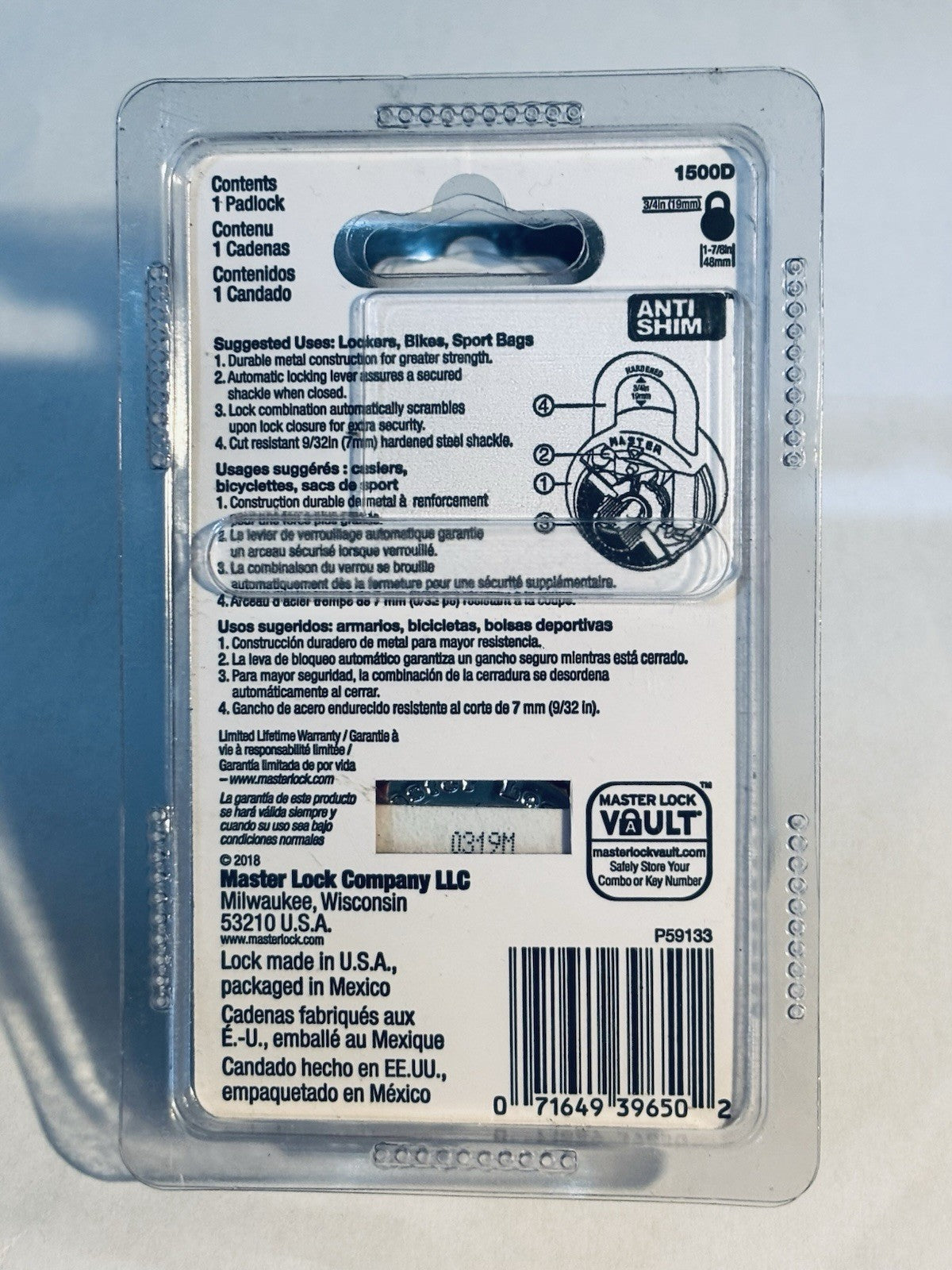 Master Lock 1500D Combination Padlock Steel 9/32" Shackle Indoor Outdoor 3/4"